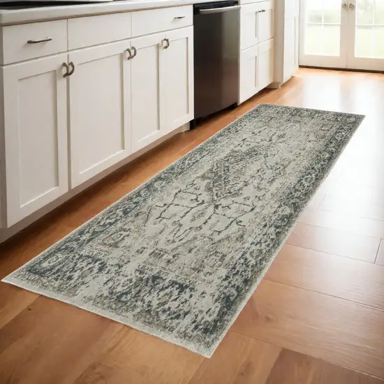 Blue and Gray Oriental Power Loom Runner Rug Photo 1