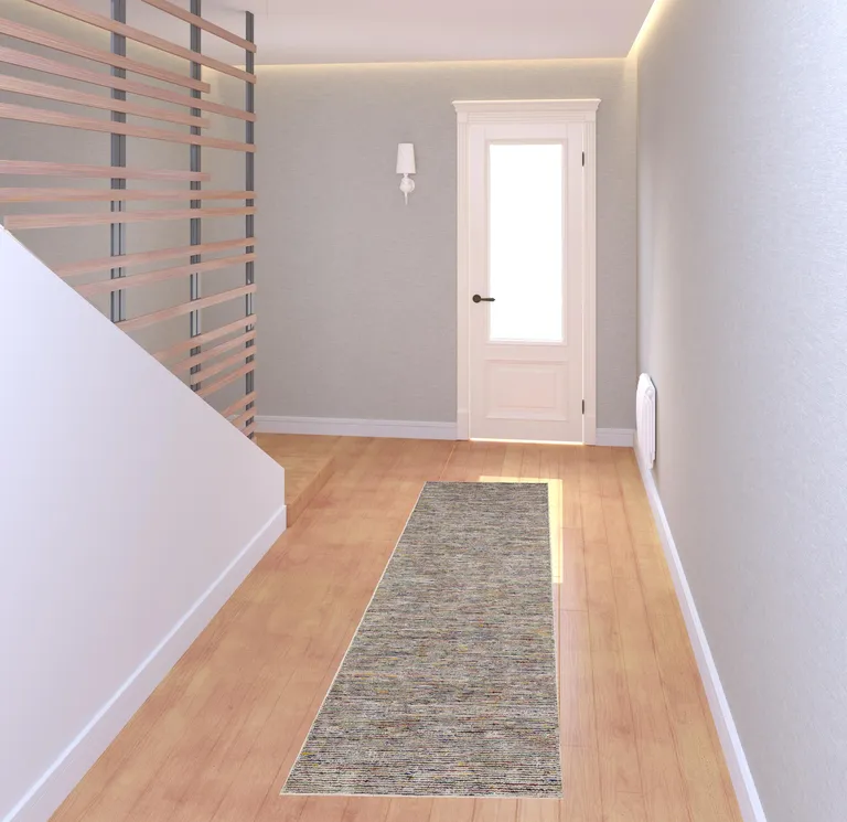 Grey Blue And Yellow Wool Hand Loomed Handmade Runner Rug Photo 2