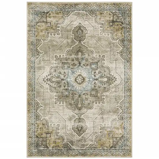 Grey Blue Beige And Gold Oriental Power Loom Stain Resistant Area Rug Photo 1