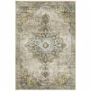 Photo of Grey Blue Beige And Gold Oriental Power Loom Stain Resistant Area Rug