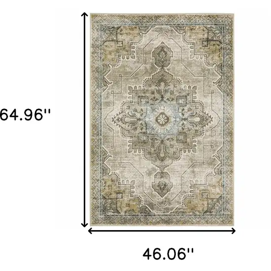 Grey Blue Beige And Gold Oriental Power Loom Stain Resistant Area Rug Photo 10