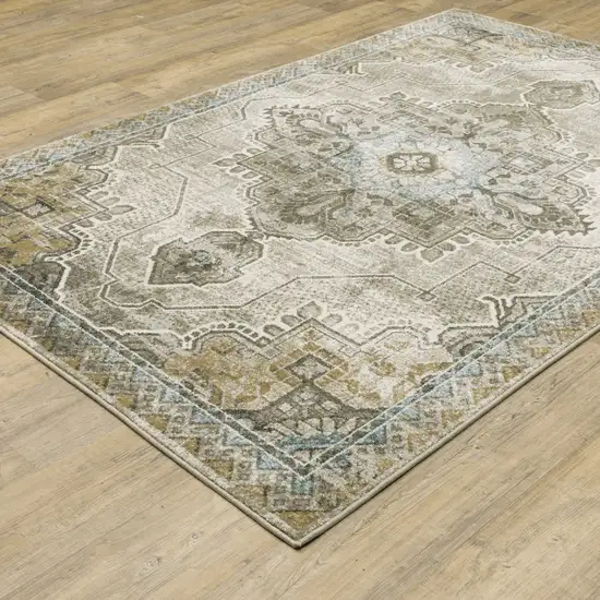 Grey Blue Beige And Gold Oriental Power Loom Stain Resistant Area Rug Photo 5