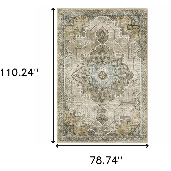 Grey Blue Beige And Gold Oriental Power Loom Stain Resistant Area Rug Photo 10