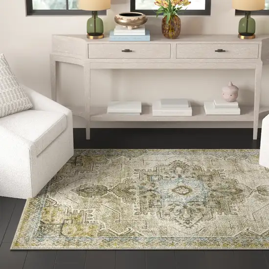 Grey Blue Beige And Gold Oriental Power Loom Stain Resistant Area Rug Photo 8