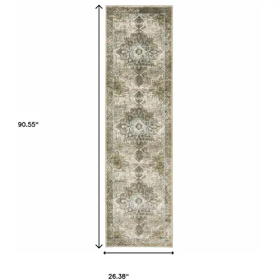 Grey Blue Beige And Gold Oriental Power Loom Stain Resistant Runner Rug Photo 10