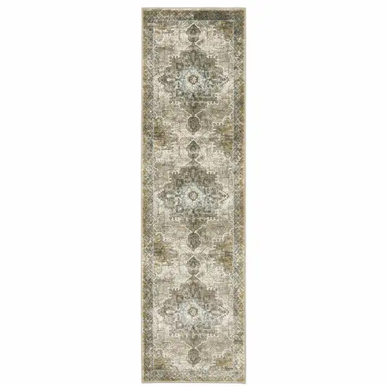 Grey Blue Beige And Gold Oriental Power Loom Stain Resistant Runner Rug Photo 1