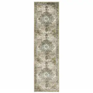 Photo of Grey Blue Beige And Gold Oriental Power Loom Stain Resistant Runner Rug