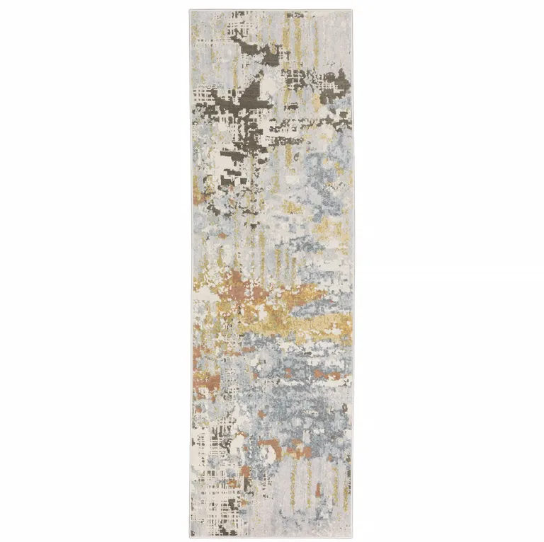 Grey Blue Beige Gold And Rust Abstract Power Loom Stain Resistant Runner Rug Photo 1