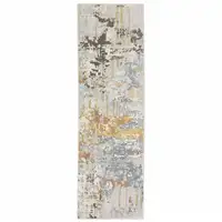 Photo of Grey Blue Beige Gold And Rust Abstract Power Loom Stain Resistant Runner Rug