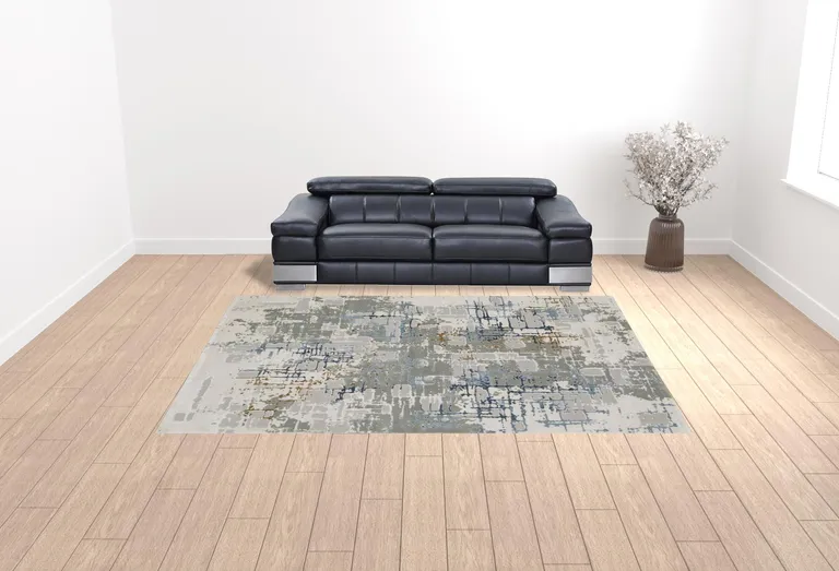 Grey Blue Brown Ivory And Deep Blue Abstract Power Loom Stain Resistant Area Rug Photo 2