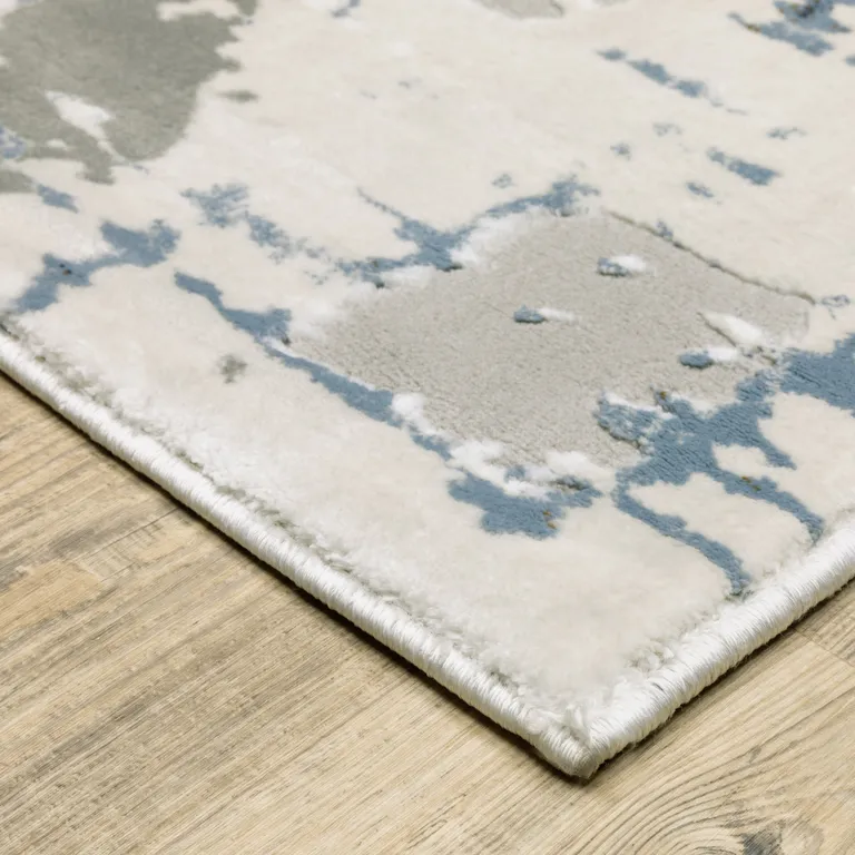 Grey Blue Brown Ivory And Deep Blue Abstract Power Loom Stain Resistant Runner Rug Photo 3