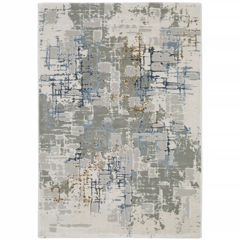 Grey Blue Brown Ivory And Deep Blue Abstract Power Loom Stain Resistant Runner Rug Photo 1