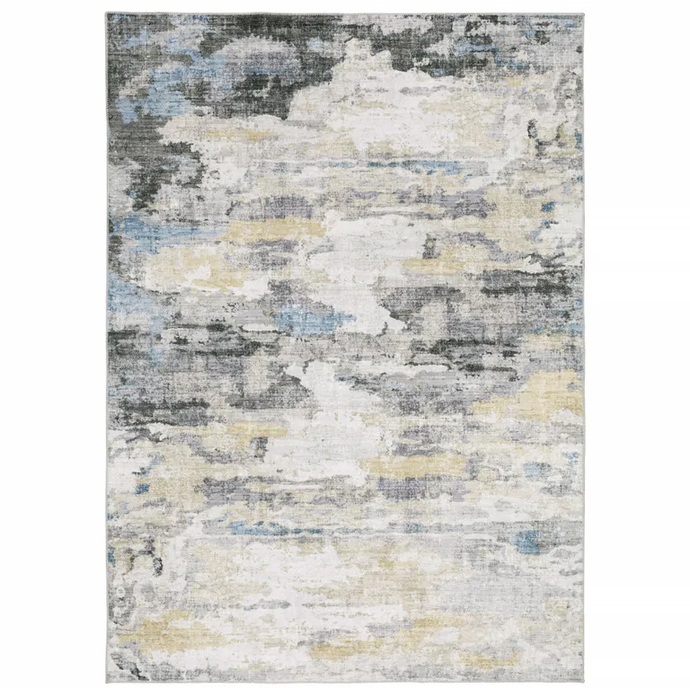 Grey Blue Charcoal Ivory Yellow Beige And Tan Abstract Printed Stain Resistant Non Skid Area Rug Photo 1