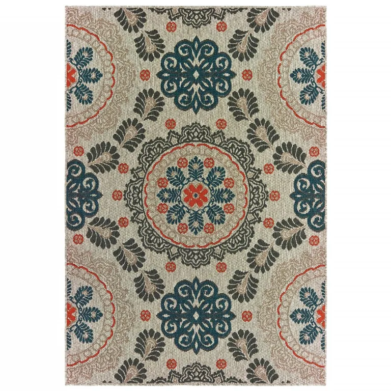 Grey Blue Floral Indoor Outdoor Area Rug Photo 1