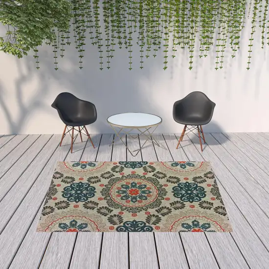 Grey Blue Floral Indoor Outdoor Area Rug Photo 4