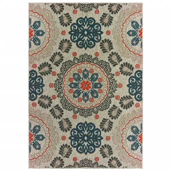 Grey Blue Floral Indoor Outdoor Area Rug Photo 1