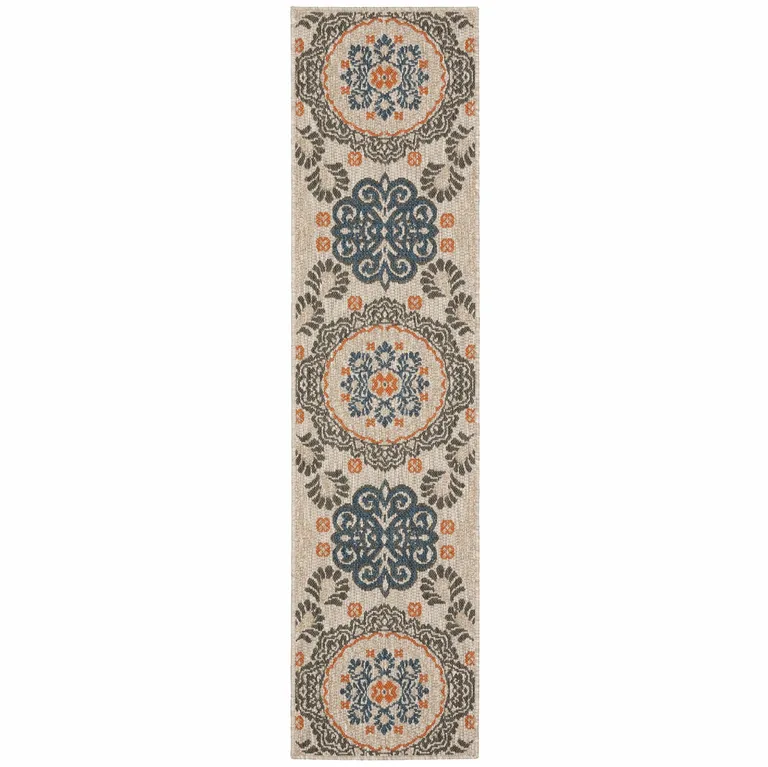 Grey Blue  Floral Indoor Outdoor Runner Rug Photo 1