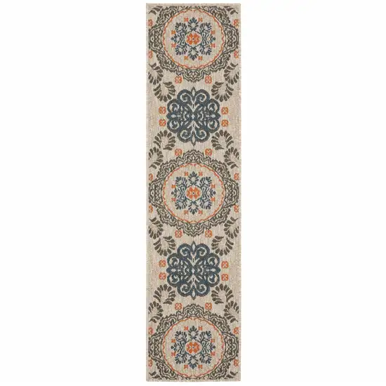 Grey Blue  Floral Indoor Outdoor Runner Rug Photo 1