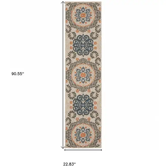 Grey Blue  Floral Indoor Outdoor Runner Rug Photo 6