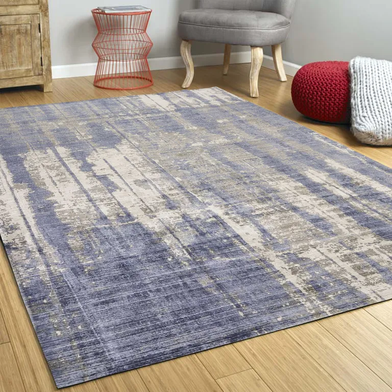 Grey Blue Hand Loomed Abstract Brushstroke Indoor Area Rug Photo 5