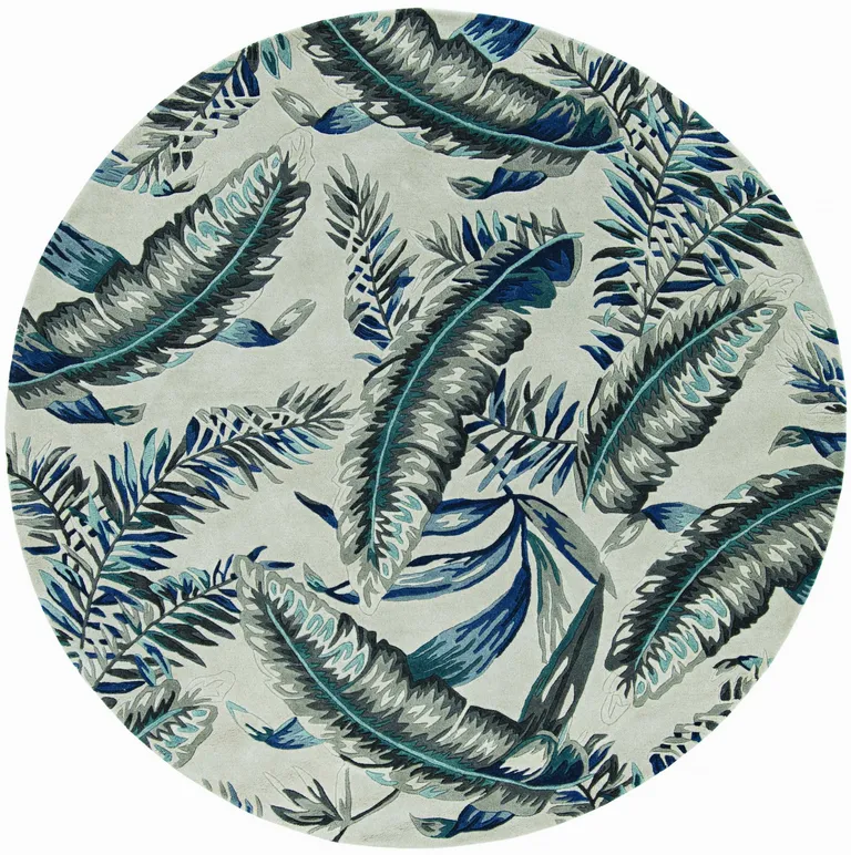 Grey Blue Hand Tufted Tropical Leaves Indoor Area Rug Photo 1