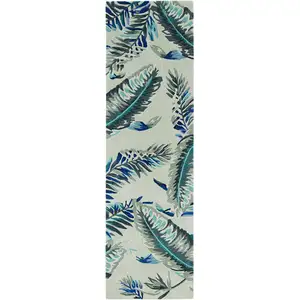 Photo of Grey Blue Hand Tufted Tropical Leaves Indoor Runner Rug