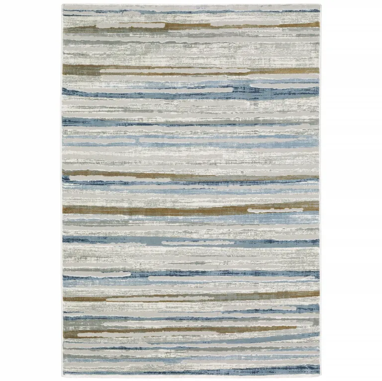 Grey Blue Ivory Brown Beige And Navy Abstract Power Loom Stain Resistant Runner Rug Photo 1