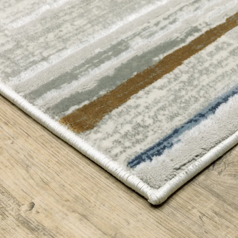 Grey Blue Ivory Brown Beige And Navy Abstract Power Loom Stain Resistant Runner Rug Photo 4