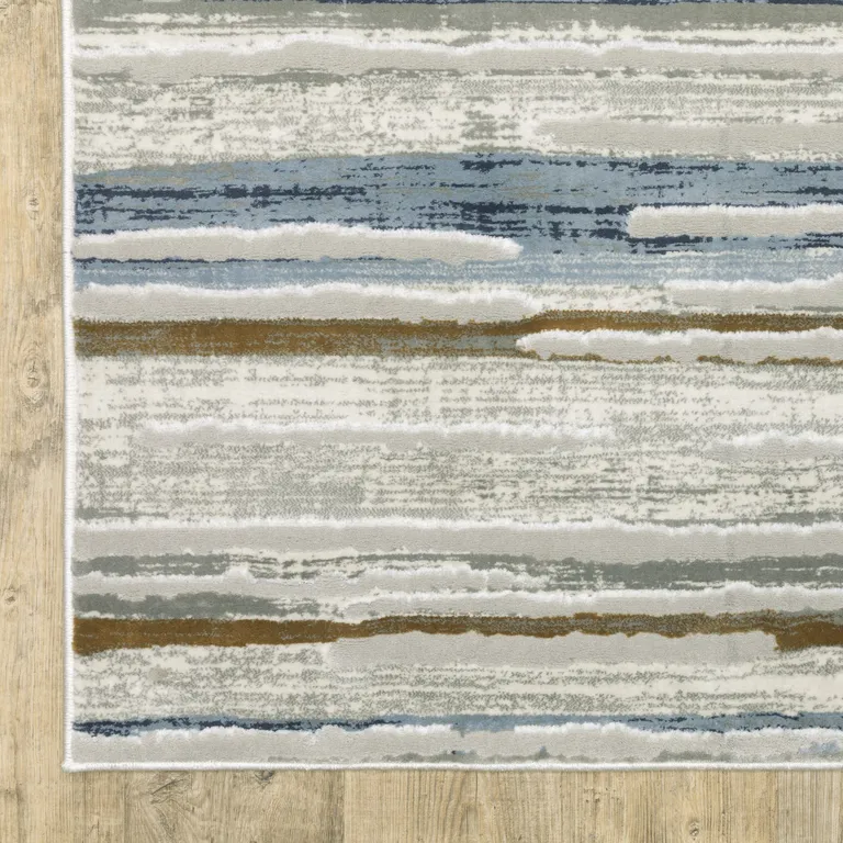 Grey Blue Ivory Brown Beige And Navy Abstract Power Loom Stain Resistant Runner Rug Photo 3