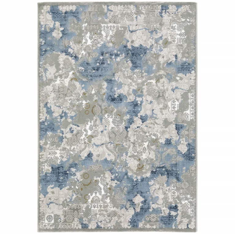 Grey Blue Ivory Navy Beige And Brown Abstract Power Loom Stain Resistant Runner Rug Photo 1