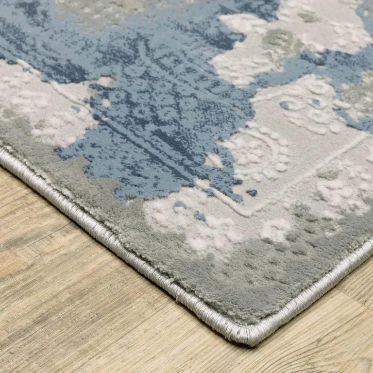 Grey Blue Ivory Navy Beige And Brown Abstract Power Loom Stain Resistant Runner Rug Photo 4