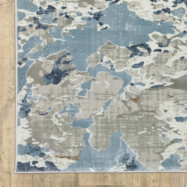 Grey Blue Ivory Navy Beige And Brown Abstract Power Loom Stain Resistant Runner Rug Photo 3