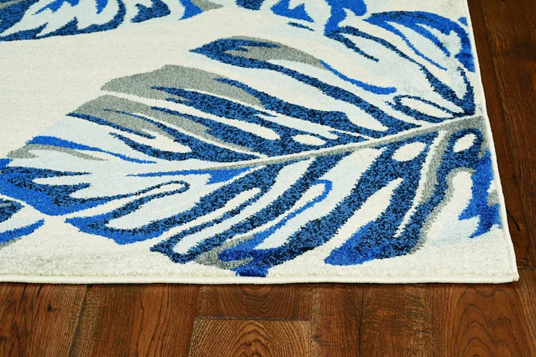 Grey Blue Machine Woven Oversized Tropical Leaves Indoor Area Rug Photo 4