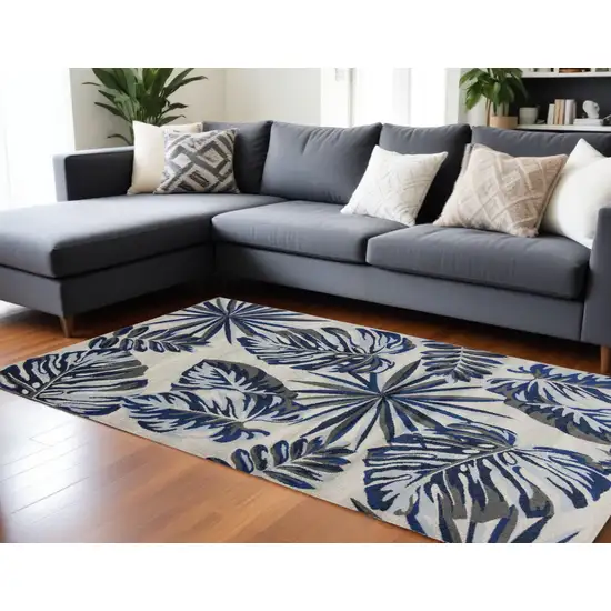 Grey Blue Machine Woven Oversized Tropical Leaves Indoor Area Rug Photo 2