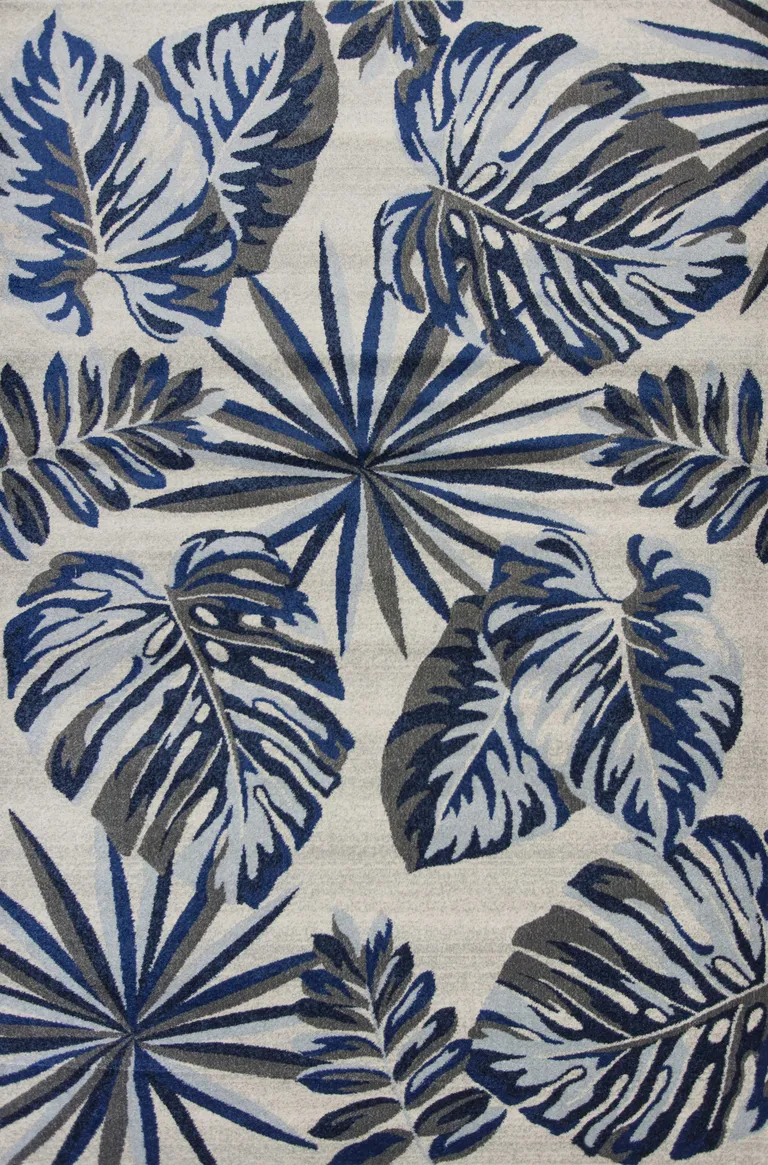 Grey Blue Machine Woven Oversized Tropical Leaves Indoor Area Rug Photo 1