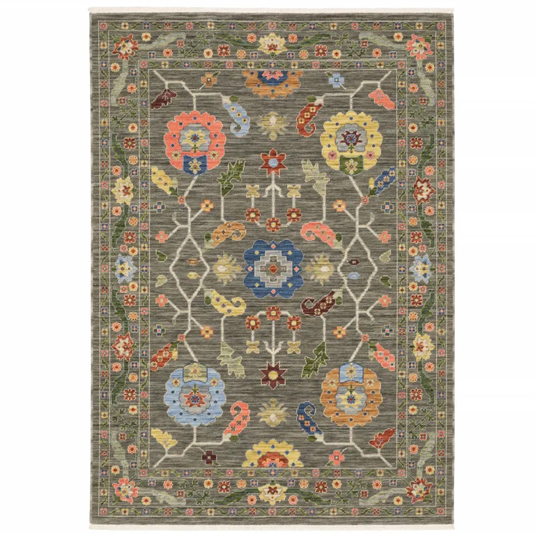 Grey Blue Pink Orange Rust Red Green And Ivory Oriental Power Loom Stain Resistant Area Rug With Fringe Photo 1