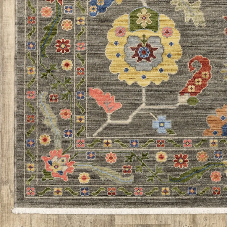 Grey Blue Pink Orange Rust Red Green And Ivory Oriental Power Loom Stain Resistant Area Rug With Fringe Photo 2