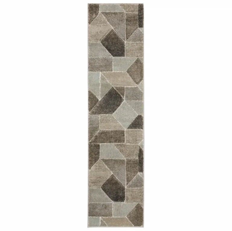 Grey Brown Beige Tan Taupe And Ivory Geometric Power Loom Stain Resistant Runner Rug Photo 1