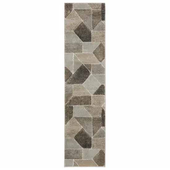 Grey Brown Beige Tan Taupe And Ivory Geometric Power Loom Stain Resistant Runner Rug Photo 1