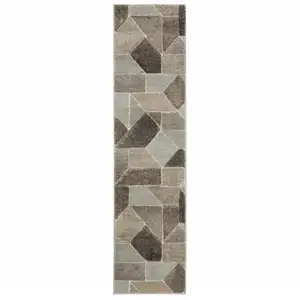 Photo of Grey Brown Beige Tan Taupe And Ivory Geometric Power Loom Stain Resistant Runner Rug