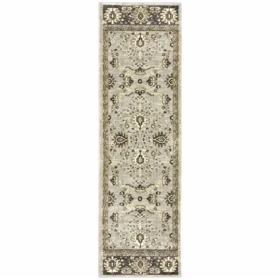 Grey Brown Tan And Beige Oriental Power Loom Stain Resistant Runner Rug Photo 1