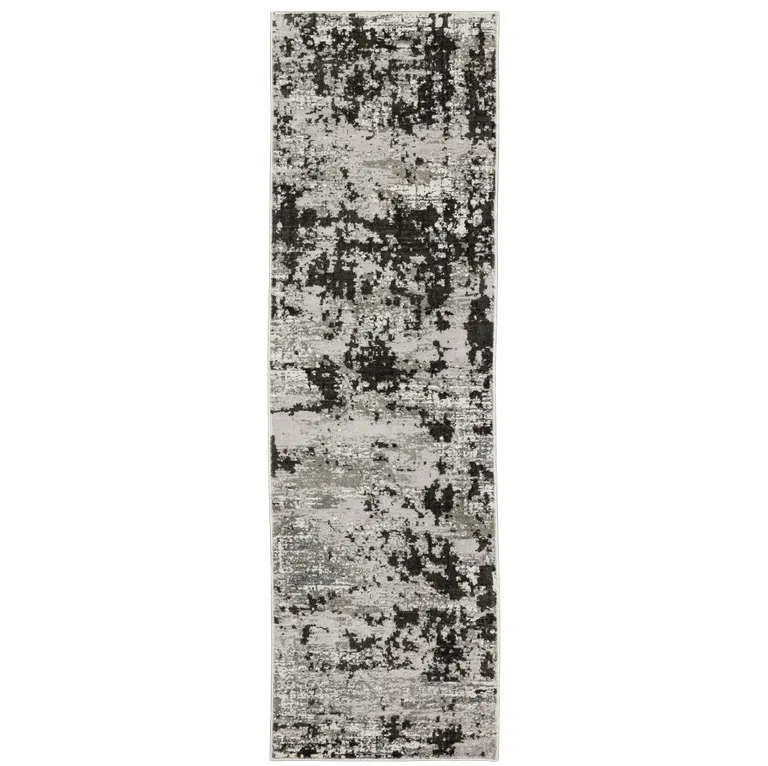 Grey Charcoal Black And Ivory Abstract Power Loom Stain Resistant Runner Rug Photo 1