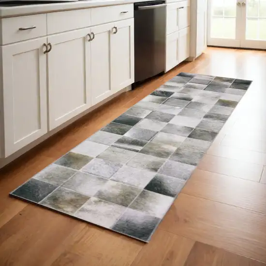 8' Gray Brown and Ivory Geometric Power Loom Runner Rug Photo 1