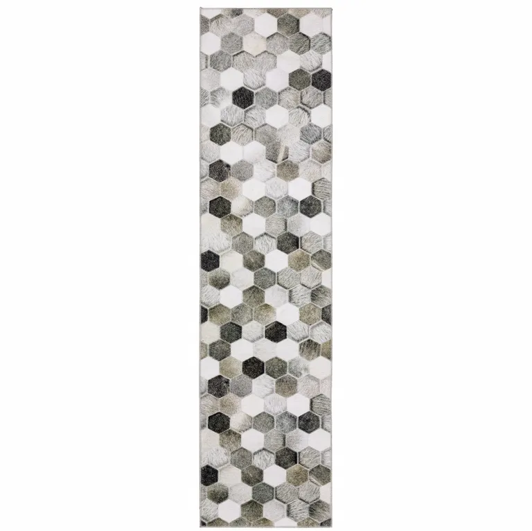 Grey Charcoal Brown Tan And Ivory Geometric Power Loom Stain Resistant Runner Rug Photo 1