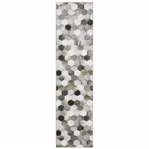 Photo of Grey Charcoal Brown Tan And Ivory Geometric Power Loom Stain Resistant Runner Rug