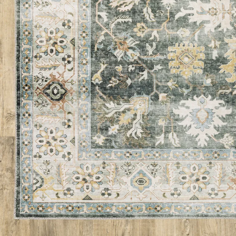 Grey Charcoal Gold Brown Ivory Pale Sage And Light Blue Oriental Printed Stain Resistant Non Skid Area Rug Photo 1