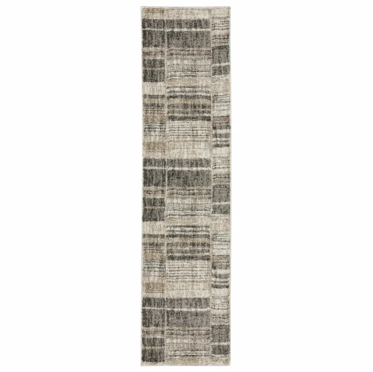 Grey Charcoal Ivory Tan Brown And Beige Geometric Power Loom Stain Resistant Runner Rug Photo 1