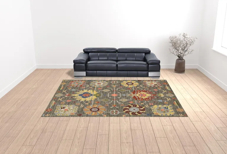 Grey Charcoal Yellow Blue Rust Red Pink Green And Ivory Oriental Power Loom Stain Resistant Area Rug With Fringe Photo 2