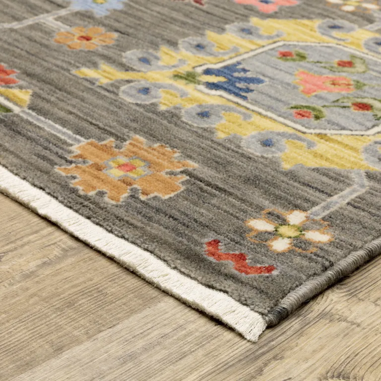 Grey Charcoal Yellow Blue Rust Red Pink Green And Ivory Oriental Power Loom Stain Resistant Runner Rug With Fringe Photo 4