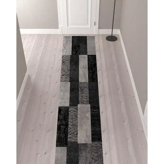 Grey Checkered Power Loom Runner Rug Photo 2